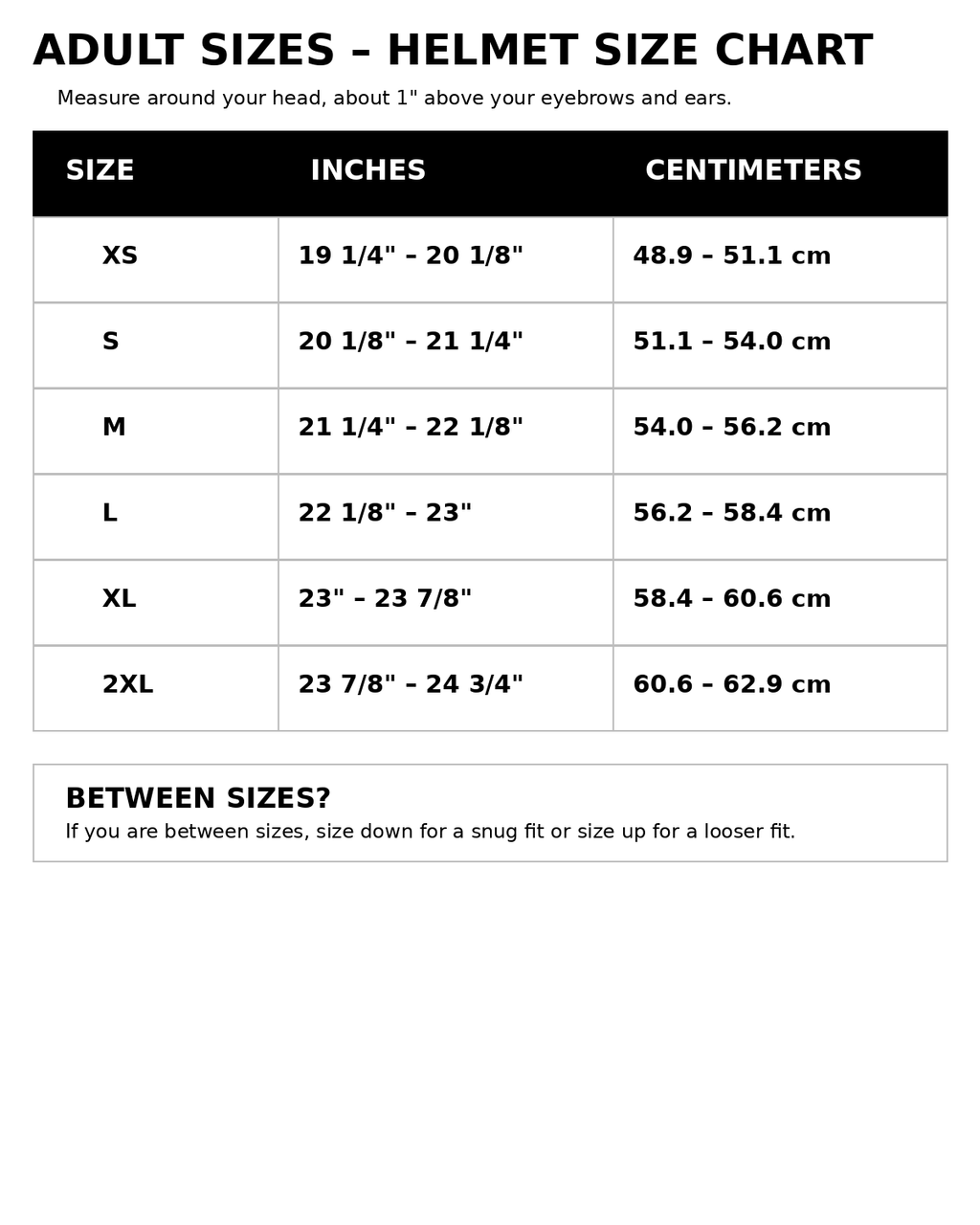 Helmet size chart for adults with measurements in inches and centimeters.